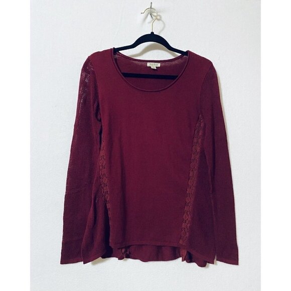 Lucky Brand Womens Small Crochet Trim Sweater Hi Low Hem Scoop Neck Red Boho - Picture 1 of 7